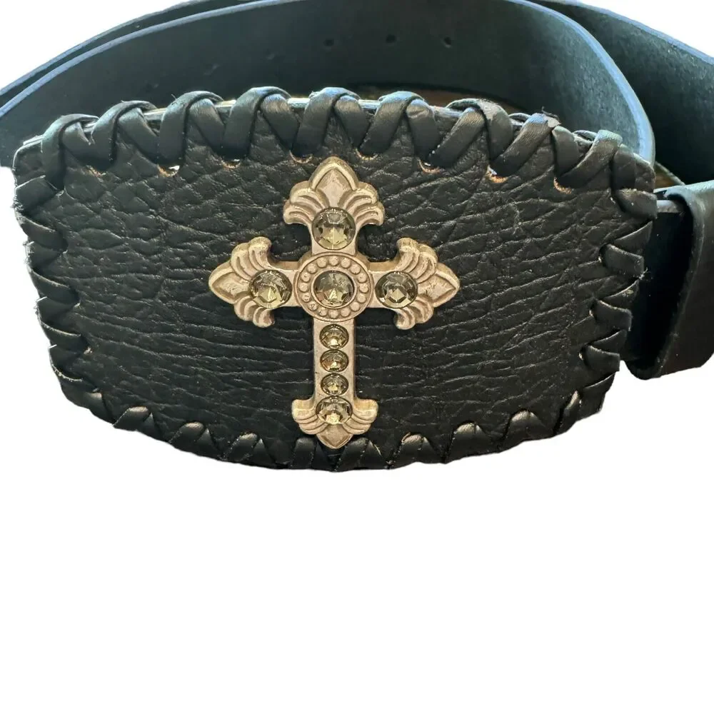Vintage Y2K Black Leather Cross Belt Rhinestones Unisex Large 36-38